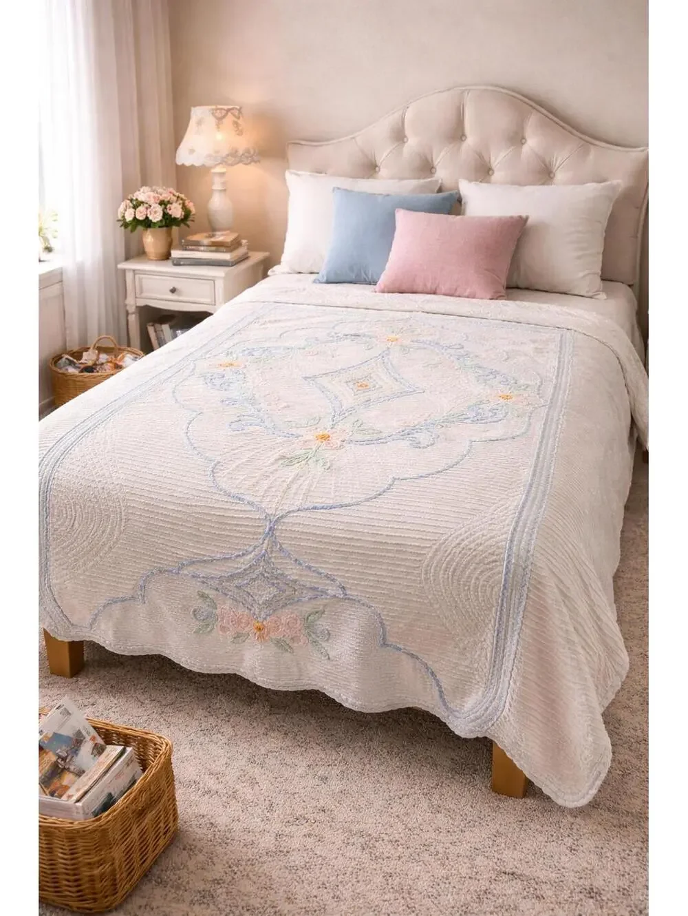 Vintage Floral Embroidered Quilt Bedspread Coverlet